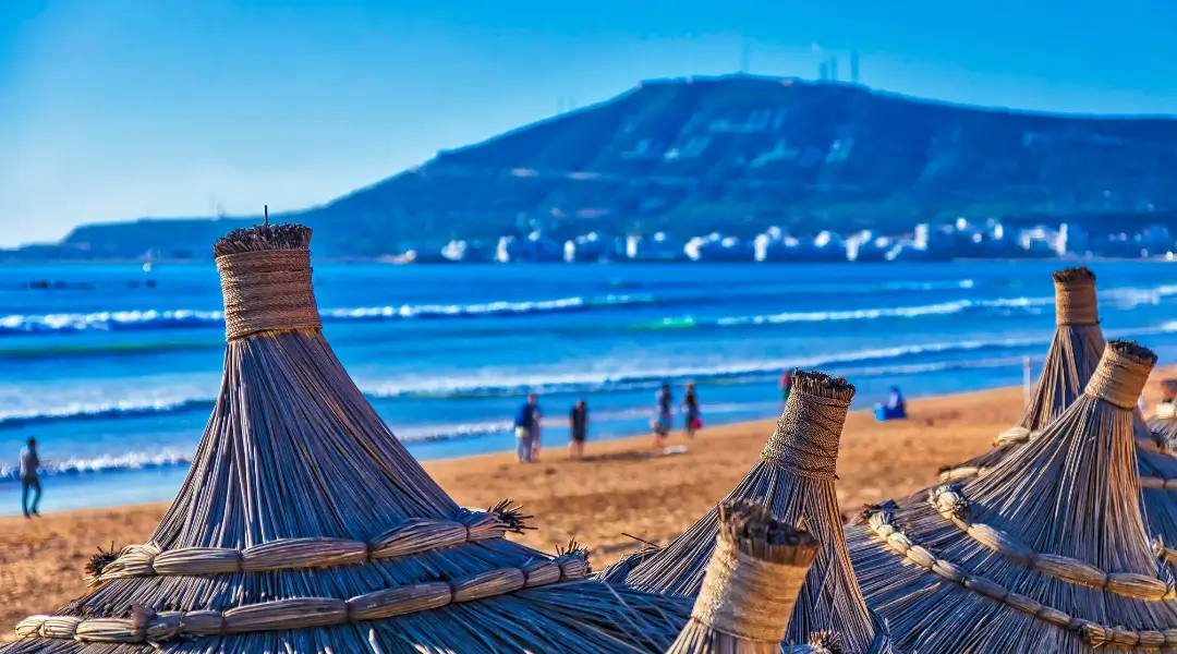straw umbrellas on Agadir beach